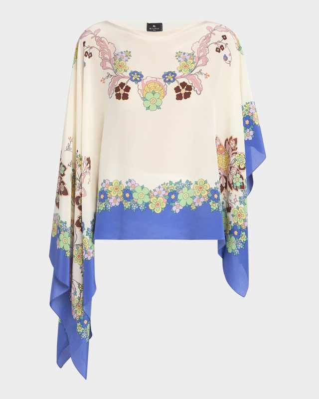Asymmetric Floral Silk Poncho